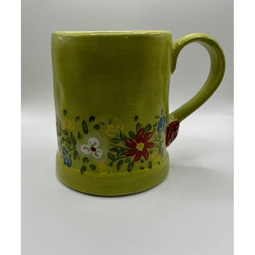 Tabletops Unlimited Espana PASHA Green Red Roses Flowers Hand Painted Mug 4.5 in